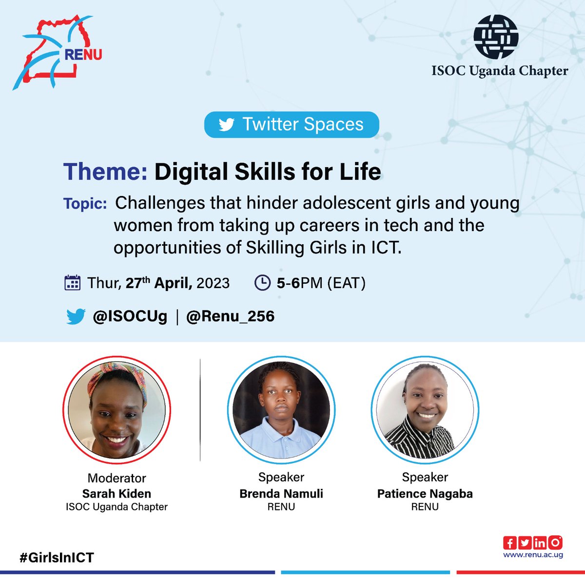 Girls in ICT Day

We are excited to be joining the conversation on Digital Skills for Life on the @ISOCUg Twitter Space!

Our very own @nagabapatie & @bnamuli98 will be panelists during this discussion.

#GirlInICT  #GirlsInICTDay
