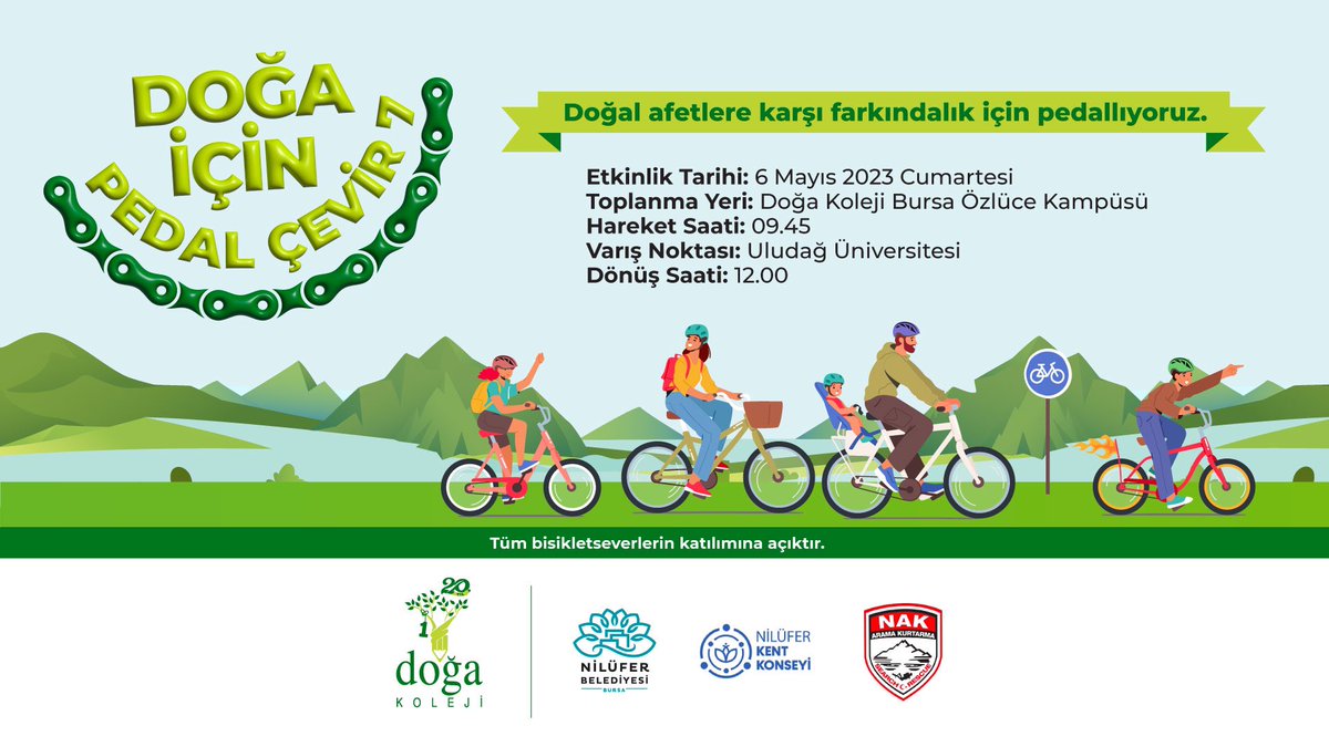 Bursa Özlüce Kampüsümüz tarafından bu yıl 7.si düzenlenen “Doğa İçin Pedal Çevir” projesi, 6 Mayıs Cumartesi günü bisiklet ve doğa severleri bir araya getiriyor. #dogaiçinpedalçevir