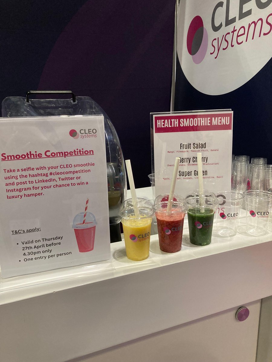 It’s competition time at Stand K67 @ExCeLLondon 🎉

Come and take a selfie today before 4.30pm with one of our delicious smoothies using the hashtag #cleocompetition on your socials for a chance to win a luxury hamper!

@ResHomeCareShow <a href="/DHS_London/">Digital Healthcare Show</a> @healthcare_show