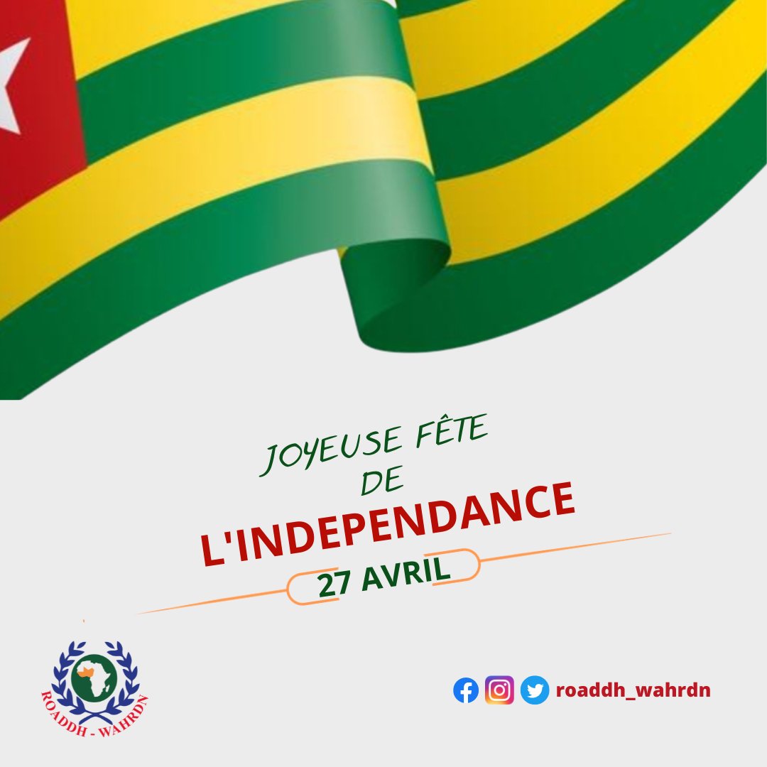 roaddh_wahrdn's tweet photo. Chers amis togolais,
Au nom du Réseau Ouest Africain des Défenseurs des Droits de l'Homme, nous vous adressons nos vœux les plus sincères à l'occasion de la célébration de votre 63ème anniversaire d'indépendance.
#TogoIndependanceDay #ROADDH
#WAHRDN #PaixEtRespectDesDroitsHumains https://t.co/EPAtKpzLws