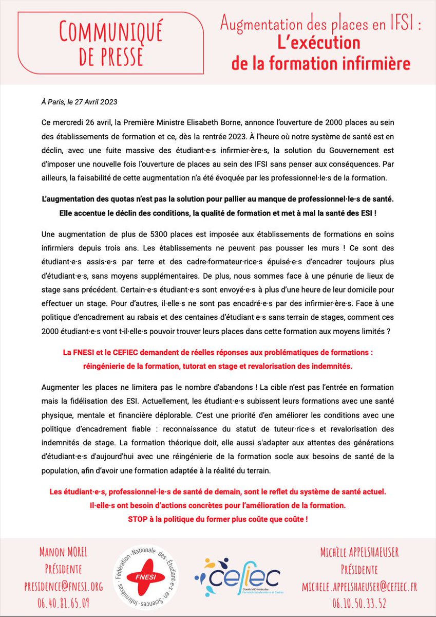 #FORMATION | Le <a href="/gouvernementFR/">Gouvernement</a> impose une nouvelle augmentation des quotas dans les #IFSI. 

La FNESI et <a href="/Cefiecinstitut/">Cefiec</a> dénoncent la politique du former plus, coûte que coûte et demandent de réelles réponses aux problématiques de formations !! 

#JeSoigneraiDemain