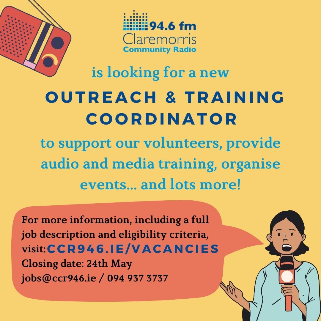 WE'RE SEEKING an Outreach &amp; Training Coordinator!

Join us to support volunteers, build community partnerships, provide audio &amp; media training, organise events, and more!

Full details at ccr946.ie/vacancies. Closing date 24th May.

#hiring #job #jobfairy #CommunityRadio