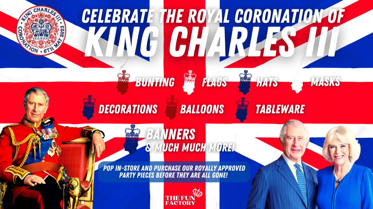 🎺🎺🎺 We have all the decorations &amp; party goods that you need to celebrate 👑The Coronation 👑on Sat May 6th. Budget thru to premium &amp; vintage ranges of everything 🇬🇧Union Jack🇬🇧.Don't leave it until the last minute!! Discounts for bulk orders 🎺🎺🎺