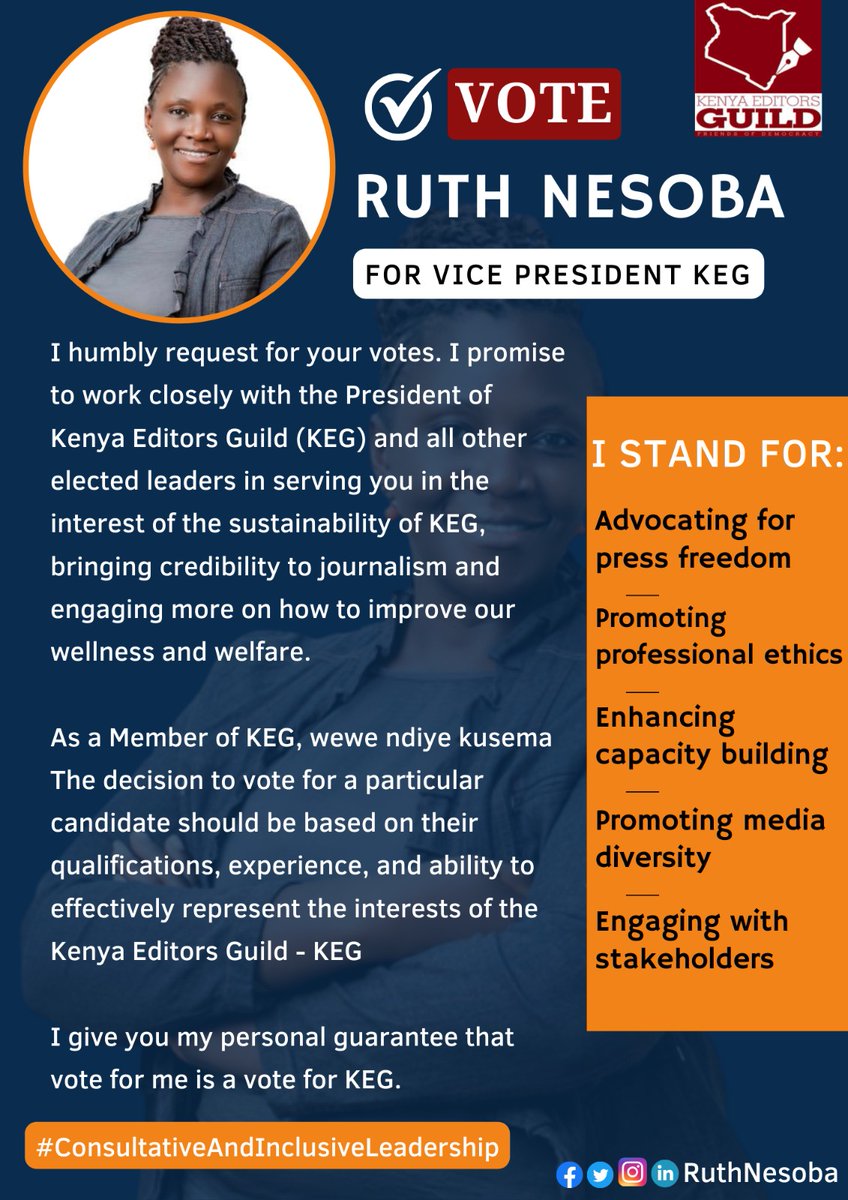 Dear fellow journalists and members of the <a href="/KenyaEditors/">Kenya Editors’ Guild</a>, I am excited to announce that I am running for the position of vice president of the Kenya Editors' Guild.

I am qualified and experienced to effectively represent the interests of KEG.

#ConsultativeAndInclusiveLeadership