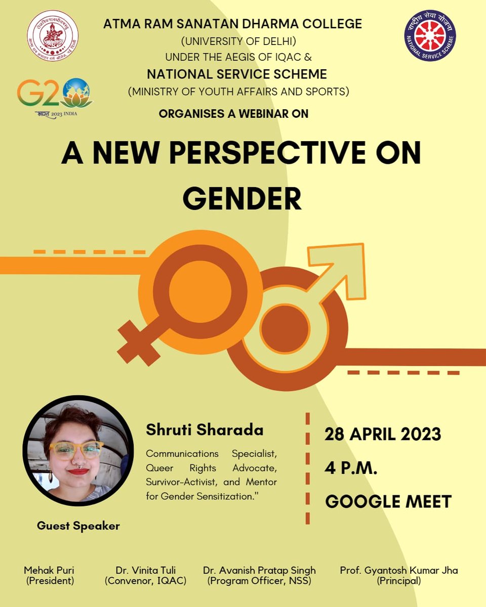 ArsdNss's tweet photo. NSS ARSD is organising a webinar on the topic "A new perspective on gender" with Shruti Sharada. 

📅Date:- 28th April 2023
⏰Time:- 04:00 PM
📍Platform:- Google Meet

Do join us for this informative session ! https://t.co/asrRmjZ02k