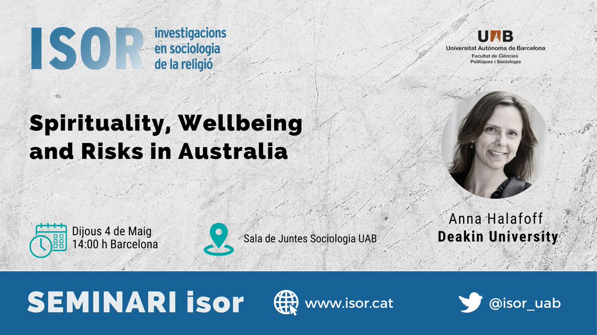 🗣️Our next seminar will take place on Thuersday! 

👩‍🏫Anna Halafoff (Deakin University) will speak about 'Spirituality, Wellbeing and Risks in Australia' 

#religions  #spirituality #Sociology cc @IssrSisr @isa_rc22 @EsaRn34 @Social_Compass_ 👇