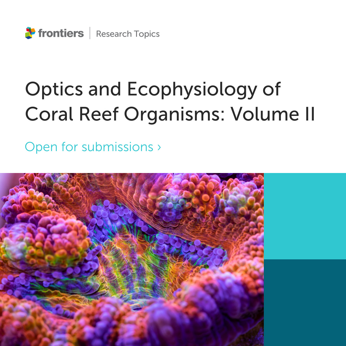 Frontiers - Marine Science (@frontmarinesci) on Twitter photo A Research Topic exploring linkages between optics and biology on coral reefs, is open for submissions. Led by Guest Editors <a href="/ElenaBollati/">Elena Bollati</a>, @reefengineers, and <a href="/dwangpraseurt/">Daniel Wangpraseurt</a>.
Extended deadline 🗓️ 9 June 2023
Get involved ➡️ fro.ntiers.in/29640 A Research Topic exploring linkages between optics and biology on coral reefs, is open for submissions. Led by Guest Editors <a href="/ElenaBollati/">Elena Bollati</a>, @reefengineers, and <a href="/dwangpraseurt/">Daniel Wangpraseurt</a>.
Extended deadline 🗓️ 9 June 2023
Get involved ➡️ fro.ntiers.in/29640