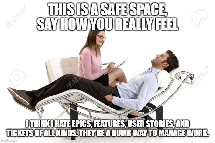 I really think this. Tickets that contain spec are a great way never to document a spec. They contain so much knowledge, consume so much admin work, and are essentially disposable. I hate Agile ticket boards, I really hate them * and breath *