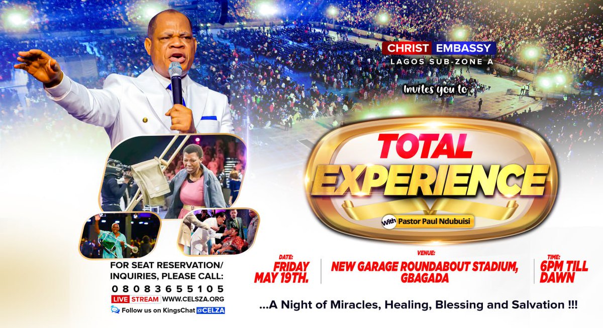 Lwpeaceville's tweet photo. We are excited to announce Total Experience 2023; a time for total recovery in every area of your life. Start planning to attend: May 19, 6pm till dawn, New Garage Roundabout Stadium Gbagada, Lagos.  #MyTotalExperience #OurTotalExperiencewithJesus #CELagosSubZoneA #CEGbagada https://t.co/4WfNYLUuD9