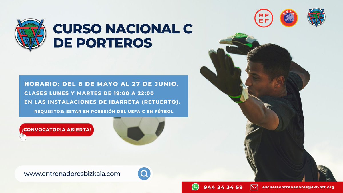 📢Curso Nacional C de porteros. Del 8 de mayo al 27 de junio. Clases Lunes y martes de 19:00 a 22:00 en las instalaciones de Ibarreta (Retuerto).
Requisitos: Estar en posesión del UEFA C en fútbol
👉bit.ly/3o4Ytxc
#FVFEntrenadores #deporte #entrenadores #entrenamiento