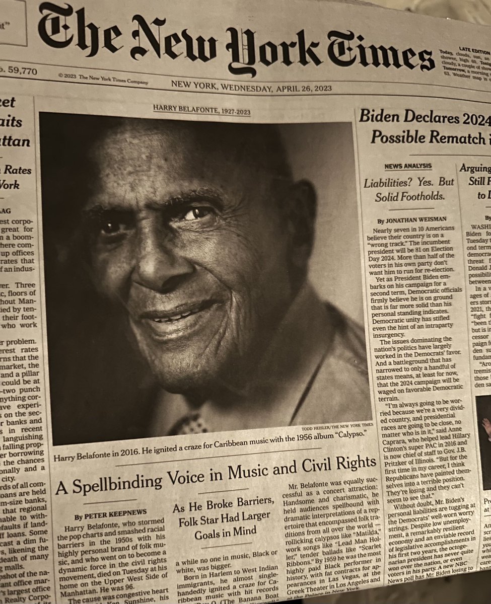 Thank you ⁦<a href="/nytimes/">The New York Times</a>⁩ for giving Mr. Belafonte the earned honor of being on your front page. It’s moments like these that affirm my decision to be a print subscriber. #harrybelafonte