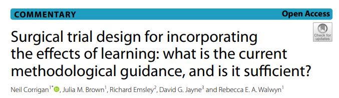 Neil Corrigan (@npcorrigan) on Twitter photo Do current approaches to surgical trial design address learning effects appropriately?
Short answer: No.
Long answer: doi.org/10.1186/s13063….
#trialsjournal
<a href="/RebeccaWalwyn/">Rebecca Walwyn</a> <a href="/LeedJulia/">Julia brown</a> <a href="/richardaemsley/">Richard Emsley</a> <a href="/dgjayneLeeds/">David Jayne</a> <a href="/leeds_stc/">Leeds STC</a> Do current approaches to surgical trial design address learning effects appropriately?
Short answer: No.
Long answer: doi.org/10.1186/s13063….
#trialsjournal
<a href="/RebeccaWalwyn/">Rebecca Walwyn</a> <a href="/LeedJulia/">Julia brown</a> <a href="/richardaemsley/">Richard Emsley</a> <a href="/dgjayneLeeds/">David Jayne</a> <a href="/leeds_stc/">Leeds STC</a>