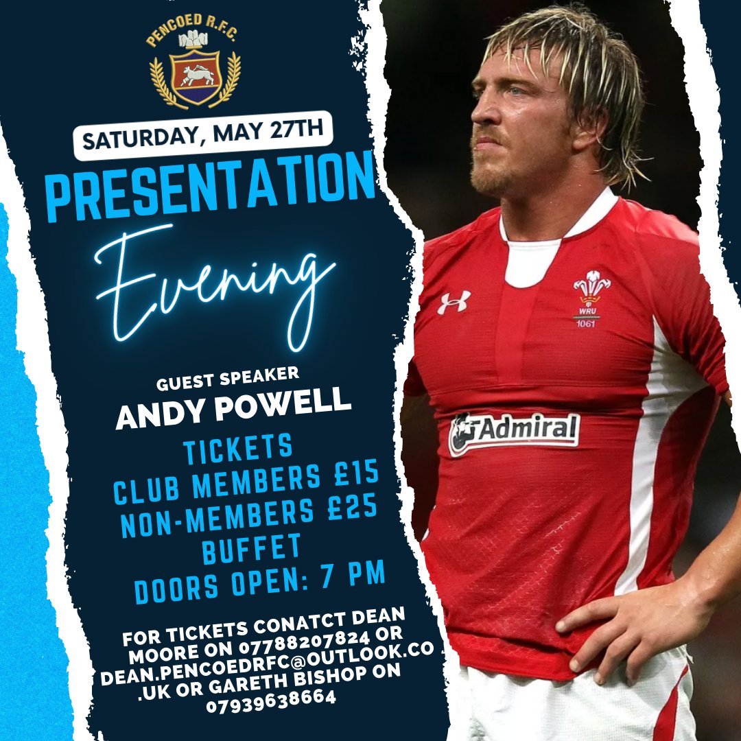 Pencoed RFC (@pencoedrfc) on Twitter photo For this year's presentation evening, we have <a href="/andypowell8/">Andy Powell</a> as the guest speaker. It's sure to be a cracking evening to celebrate the players' hard work and commitment across the season. Please get in touch if you want tickets ๐ดโช๏ธ๐ต For this year's presentation evening, we have <a href="/andypowell8/">Andy Powell</a> as the guest speaker. It's sure to be a cracking evening to celebrate the players' hard work and commitment across the season. Please get in touch if you want tickets ๐ดโช๏ธ๐ต