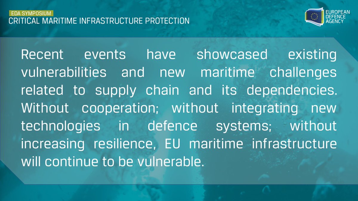 EUDefenceAgency's tweet photo. EDA Deputy CE Andre Denk begins #CMIP23 underscoring the importance of cooperation in addressing maritime challenges and stregthening EU #maritime infrastructure. https://t.co/NbPr0P2Qdn
