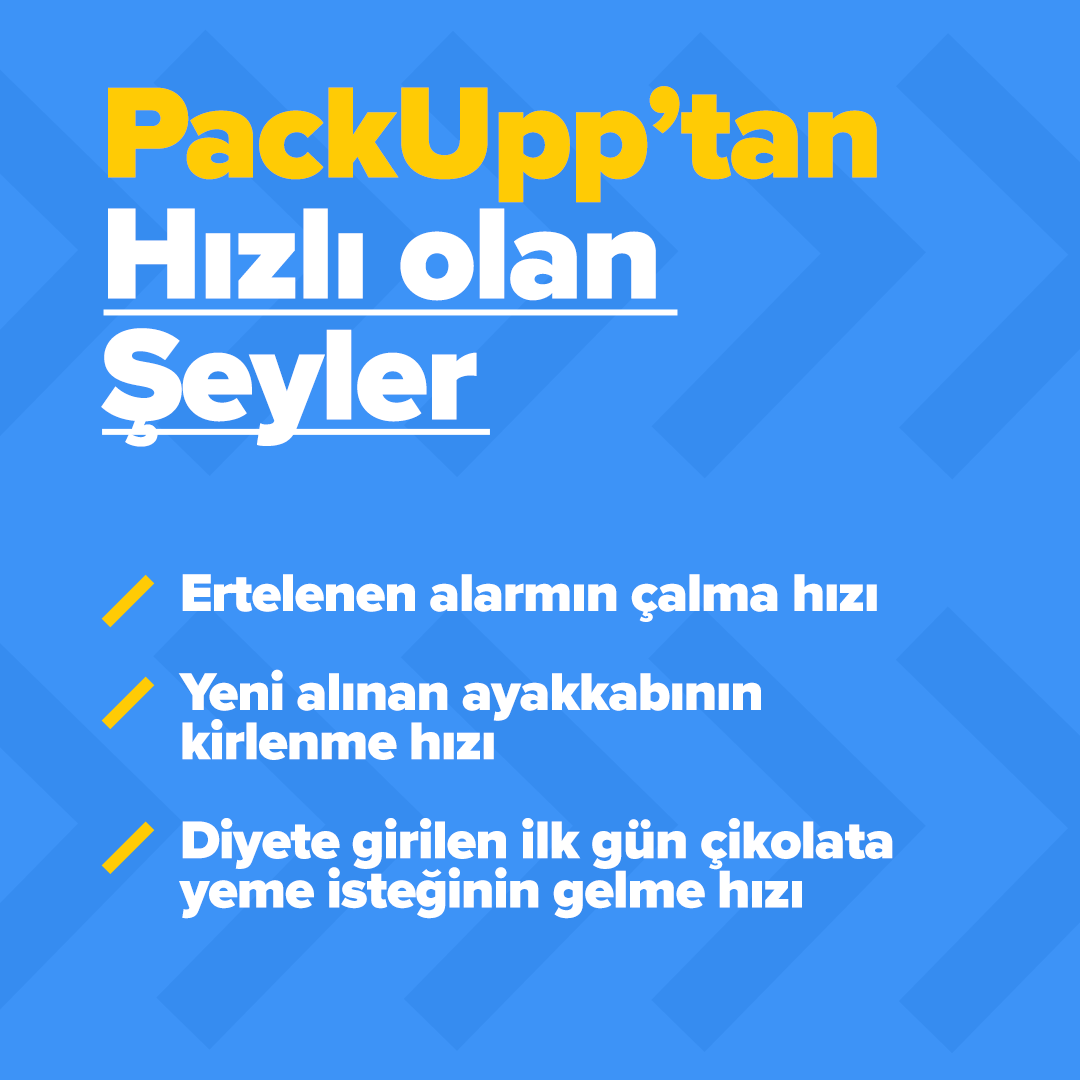 İtiraf ediyoruz! PackUpp hızından daha hızlı gerçekleşen, gerçekleşmesi durdurulamayan bazı olayların yaşanması mümkün. 

Ama teslimat konusunda en hızlı teslimat, yalnızca PackUpp’la mümkün! 😎

#PackUpp #FastDelivery #LastMileDelivery #HızlıTeslimat