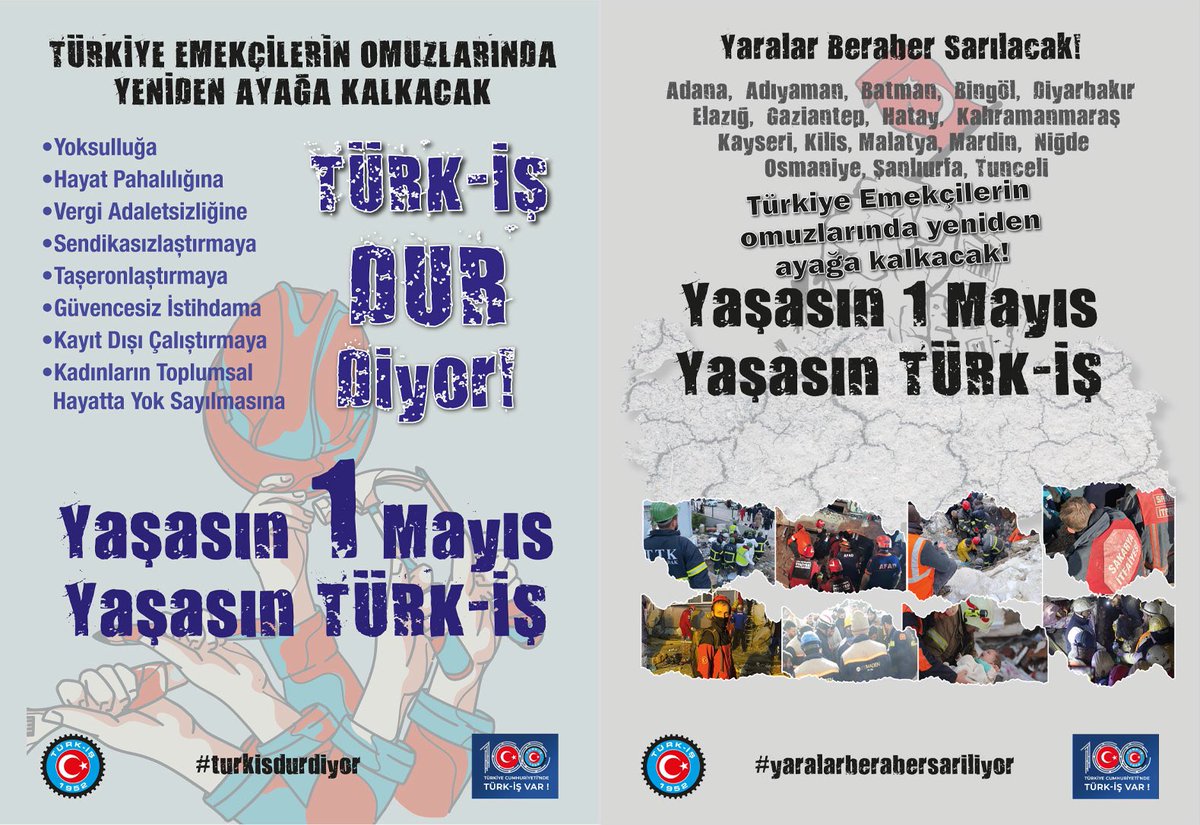 TÜRK-İŞ Dur Diyor!!
-Yoksulluğa
-Hayat Pahalılığına
-Vergi Adaletsizliğine
-Sendikasızlaştırmaya
-Taşeronlaştırmaya
-Güvencesiz İstihdama
-Kayıt Dışı Çalıştırmaya
-Kadınların Toplumsal Hayatta Yok Sayılmasına
TÜRK-İŞ DUR DİYOR!
Yaşasın 1 Mayıs...
<a href="/turkiskonf/">TÜRK-İŞ</a>
<a href="/Guvenlik_is/">Güvenlik-İş Sendikası</a>