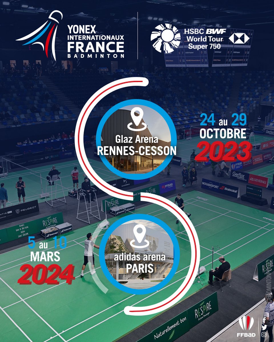 FFBaD's tweet image. 🚨 Les #YonexIFB se délocalisent et font escale à la @Glaz_Arena de Rennes-Cesson en 2023, avant de tester grandeur nature l'@adidas_arena à Paris en 2024, à quelques mois des Jeux de @Paris2024  🤩

Plus d'infos ➡️ yonexifb.com/fr/actualites/…

#FrenchOpen @yonexfrance @bwfmedia
