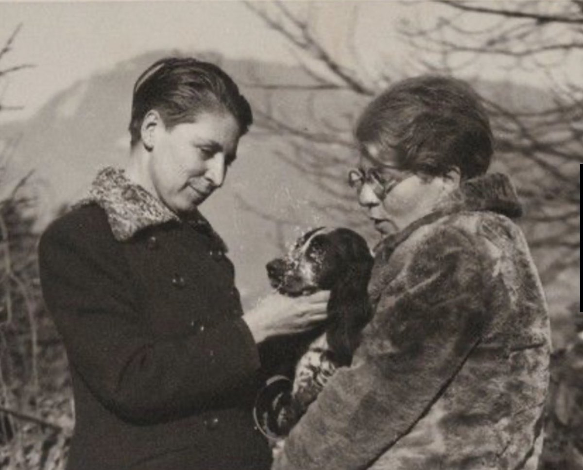 For #LesbianVisbilityWeek here’s a fabulous picture from 1939 of the writer Bryher, who was the partner of modernist poet H.D., the Austrian-American psychoanalyst Christine Olden, and a very important cocker spaniel (<a href="/now/">NOW</a> BeineckeLibrary) #LGBWithTheT