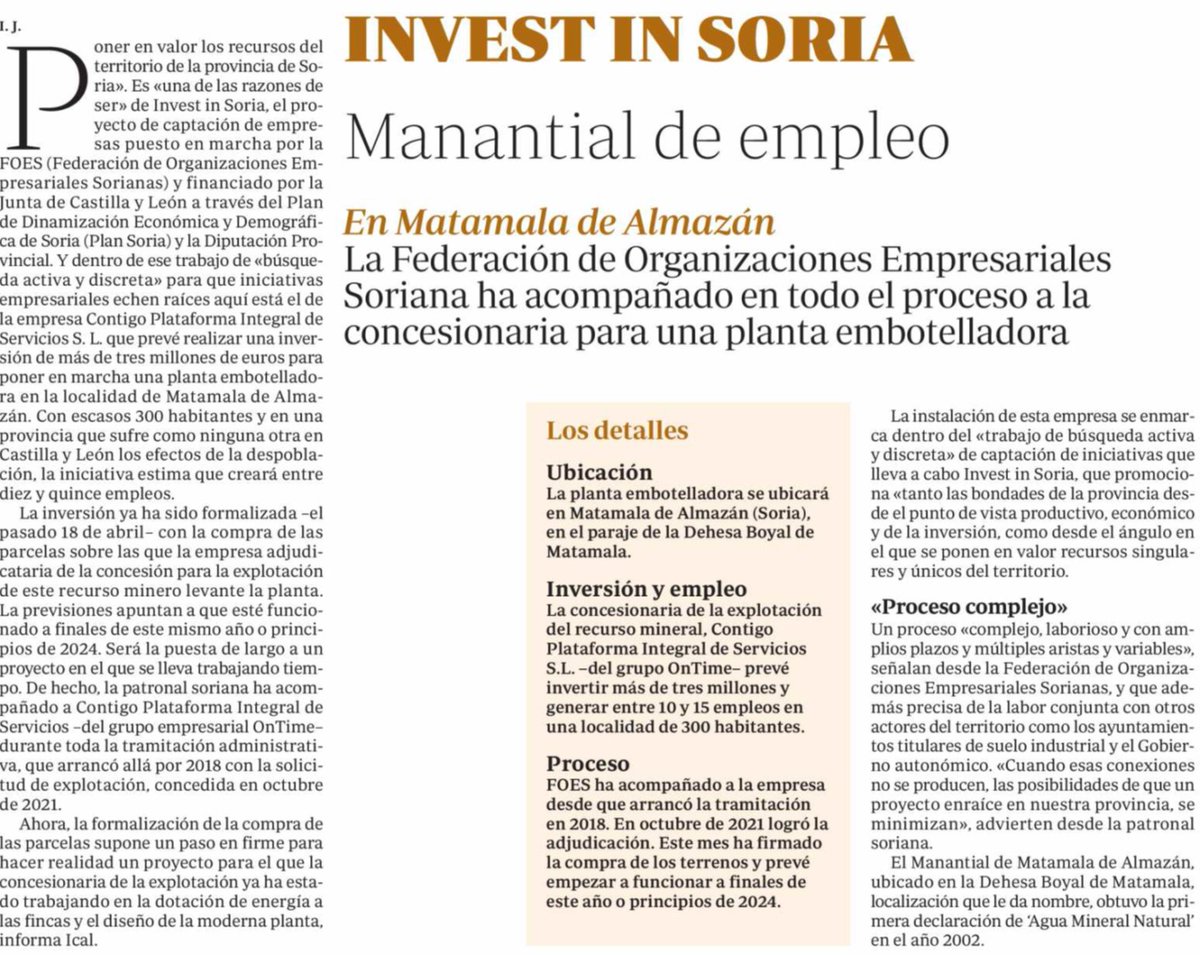 El <a href="/ABC_CastyLeon/">ABC Castilla y León</a> dedica un artículo a <a href="/InvestInSoria/">Invest in Soria</a> 

"Invest in Soria, Manantial de empleo" 

La <a href="/FOES_SORIA/">FOES</a> ha acompañado en todo el proceso para la puesta en marcha de una embotelladora en Matamala de Almazán - #Soria 

#Inversión #Empleo #CyL <a href="/dipsoria/">Diputación de Soria</a>