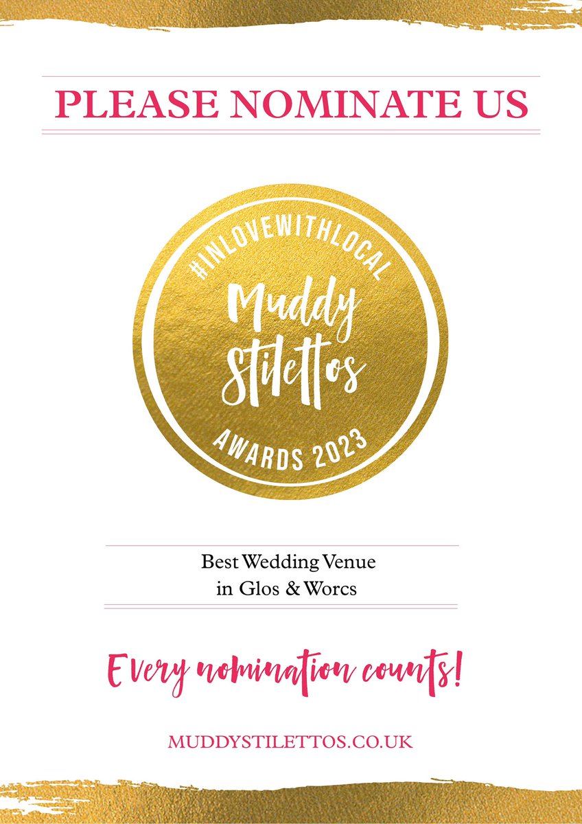 EXCITING NEWS! 🌸
We’ve been nominated in the “best wedding venue” catergory in the <a href="/muddystiletto/">muddyHQ</a> award 2023! 

Vote for us! glosworcs.muddystilettos.co.uk/awards/nominat…