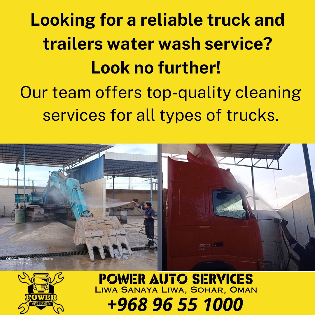PowerAuto7's tweet image. Looking for a reliable truck water wash service? Our team offers top-quality cleaning services for all types of trucks.  Our experienced technicians will ensure that your truck is spotless and shining like new. Power Auto Services, Liwa, Sohar, Oman. +968 96 55 1000