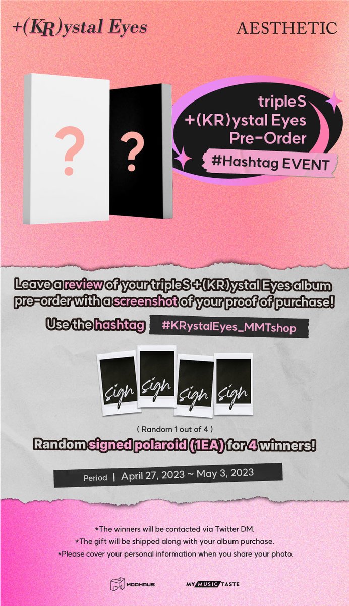 _mmtshop's tweet photo. #WAV!
Grab the tripleS +(KR)ystal Eyes < AESTHETIC > at MyMusicTaste and get a chance to win a signed polaroid by the members!

Event details below 🔽

Don't forget to add #KRystalEyes_MMTshop to enter!

💿 https://t.co/cBFx3DUZgP

#tripleS #KRystalEyes at #MMTshop https://t.co/PRuZBMUGnk
