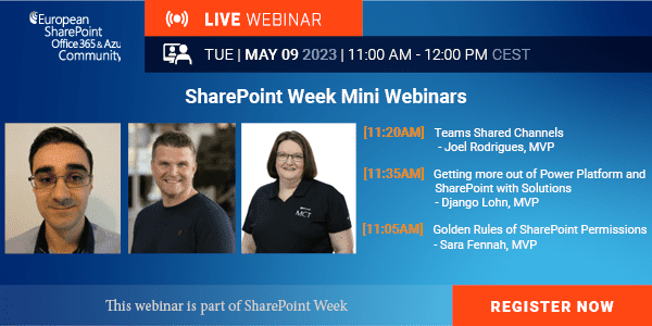 ESPC_Community's tweet photo. 3x 15 Minute Webinars in one! 
➡️The Golden Rules of #SharePointPermissions
➡️Passing #SPFx user access token to backend services to persist user context
➡️Getting more out of #PowerPlatform and #SharePoint with Solutions
https://t.co/s8aPDBM8jT https://t.co/rKc7iAZIyX