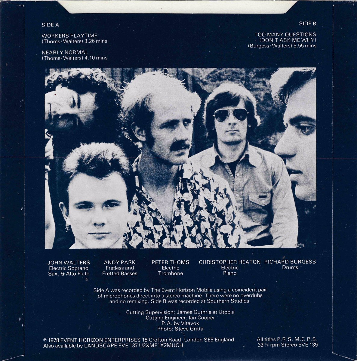 Landscape_band's tweet photo. Workers’ Playtime, Landscape’s 2nd indie EP, came out in the summer of 1978. The title track and ‘Nearly Normal’ were recorded live to stereo without overdubs in Jackson’s Lane, an arts centre in Highgate. #nearlynormal #jazzfunk #indie #punk #punkjazz #newwave #electrojazzpop https://t.co/M4wgq1H5YY