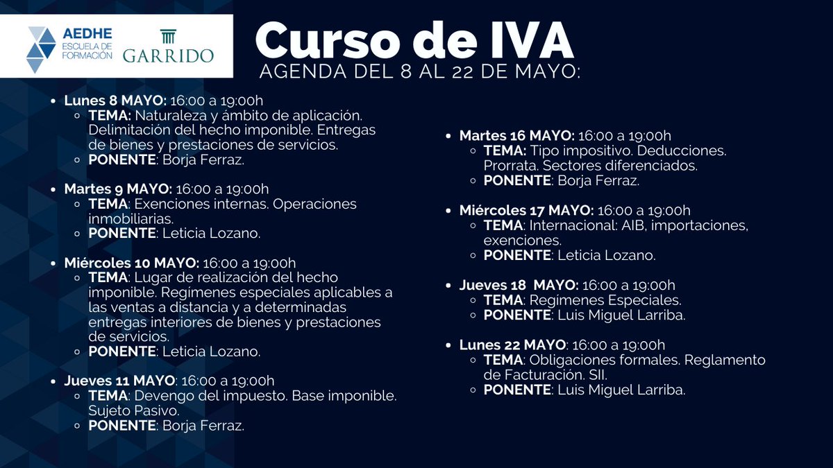 aedhe's tweet photo. #AEDHE organiza junto con 🤝 Garrido el "Curso de IVA", se tratarán diferentes temas de la mano de ponentes profesionales

8-22 Mayo, 16-19h. 
300€/pers (bonificable)
Calle Punto Net, 4 (Alcalá de Henares)
Inscripción: https://t.co/zyI09RnReZ
Info: formacion@aedhe.es

¿Vienes?🤗 https://t.co/H738oOGrgT