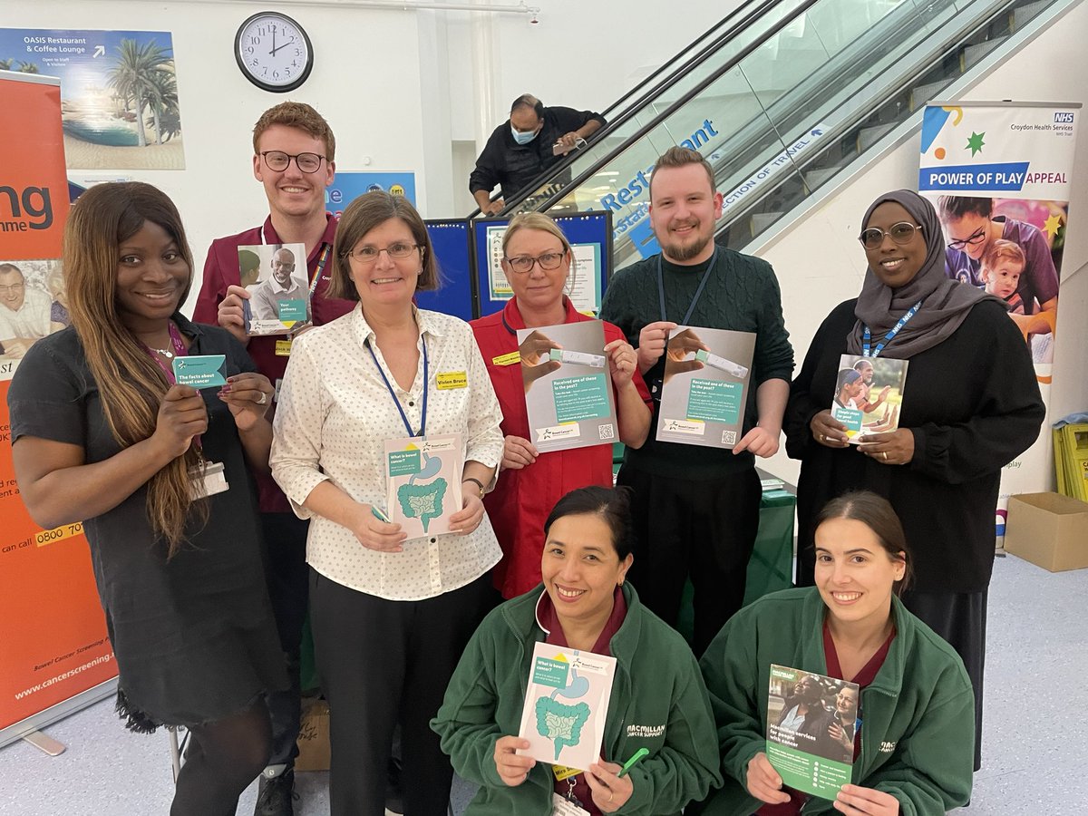 croydonhealth's tweet photo. This #BowelCancerAwarenessMonth our @macmillancancer Team have been busy handing out resources to our patients and public to spread awareness on the disease that affects nearly 43,000 people a year as the 4th most common cancer in the UK. #getyourscreening https://t.co/lB78Gb5Ysg