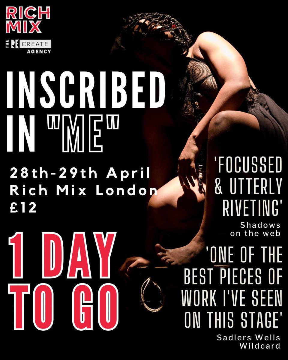 1 DAY until Inscribed in “Me” by <a href="/_AlethiaAntonia/">Alethia Antonia</a> opens at <a href="/RichMixLondon/">Rich Mix</a> 

BOOK NOW 💫 

🗓️ - 28th &amp; 29th April
⏰ - 7:30pm
🎟️ - £12

richmix.org.uk/inscribed-in-m…

A visceral journey that explores the inscriptions of personal &amp; historical experiences through movement, voice &amp; music.