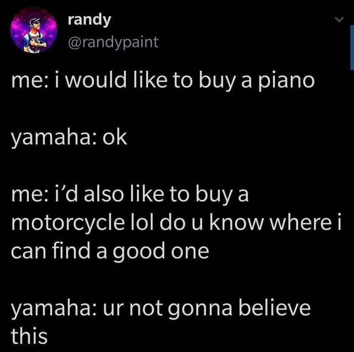 lindso09's tweet photo. @KarenKilgariff you’re right about Yamaha! They make pianos and motorcycles and other band instruments. My professional-grade alto saxophone is a Yamaha. Wild! https://t.co/DOWHdznspx