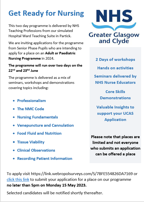 Great opportunity for anyone interested in a career in nursing. 

Click the link below to register your interest;
link.webropolsurveys.com/Participation/…

<a href="/StAndrewsRCSec/">St Andrew's Secondary School</a> 
<a href="/PartnershipBase/">St Andrews Partnership Base & DYW</a> 
<a href="/AmandaFare/">FareAmanda</a>