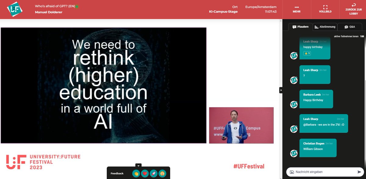 'Who's afraid of #ChatGPT 🤖? 

Keynote by the one and only @maphido from @CodeUniversity at the #UFFestival #AI stage starting now!

@KICampus #ArtificialIntelligence @HFDdigital