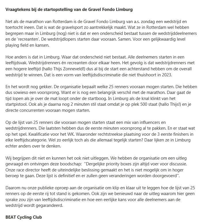 beatcyclingclub's tweet photo. Wij hebben grote vraagtekens bij de startopstelling voor de Gravel Fondo Limburg van a.s. zondag 👇

 #competitievervalsing #levelplayingfield #leeftijdsdiscriminatie @thijszonneveld https://t.co/HqfC4bTvb4