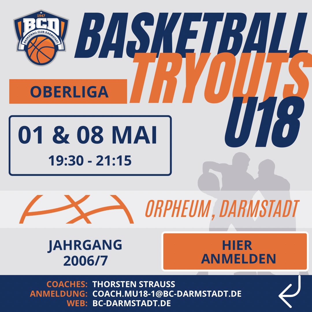 🏀 “Wer nicht Bundesliga spielt, sollte beim BC #Darmstadt spielen”. u18m Oberliga Try Outs in Darmstadt. Top Programm. Viertelfinale in Wien 💪

👉 1 &amp; 8 Mai. 
👉Anmelden : coach.mu18-1@bc-darmstadt.de 

#basketball #tryout #oberliga #sport #jugend #training #spass #leistung