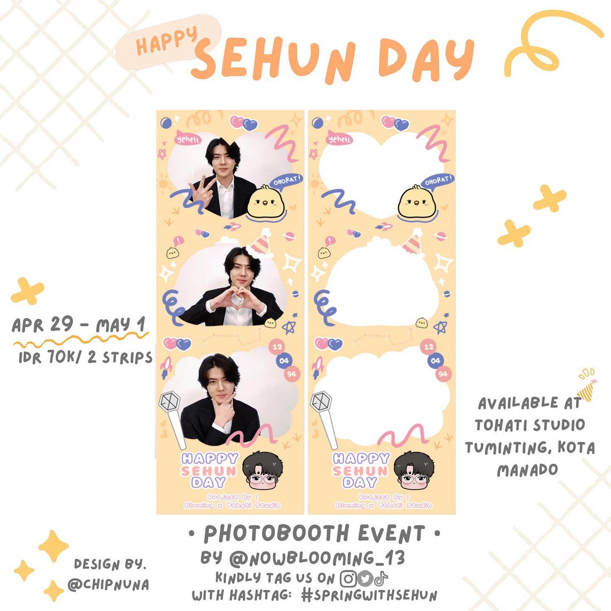 nowblooming_13's tweet photo. 🌸"Spring Boys & Agust D Tour in Jakarta"🌸
•HAPPY SEHUN DAY PHOTOSTRIP TEMPLATE•
🗓️ 29 April 2023 - 1 Mei 2023
📍 Tohati Studio, Kota Manado
🕔 17.00 - 21.00 wita
📌 Link: https://t.co/CSjDLwVaBg
#SpringWithBlooming
#SpringWithSehun
t. kpopers kpop EXO-L manado https://t.co/G84pV4mJ3b