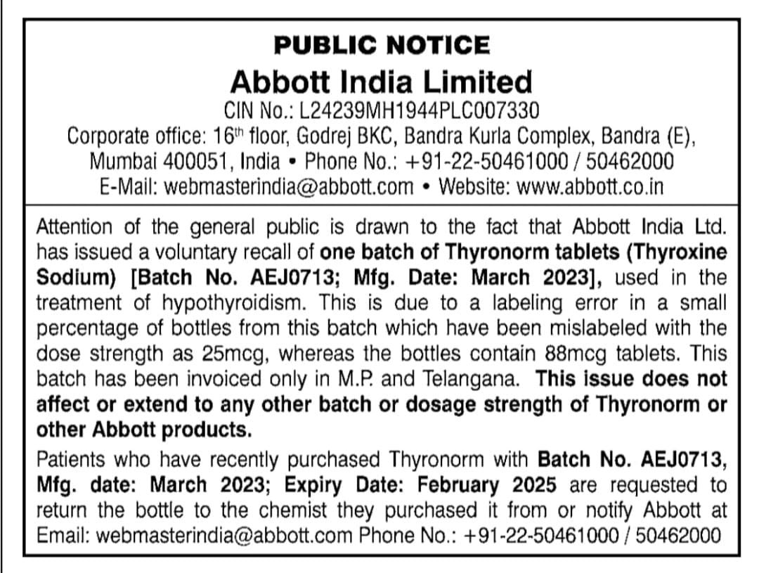 ians_india's tweet photo. Drugs Control Administration of #Telangana has directed drug inspectors in the state to keep a strict vigil on the movement of a mislabelled batch of thyroid medicine #Thyronorm, which has been recalled by healthcare company #Abbott. https://t.co/jiQhjmZc77