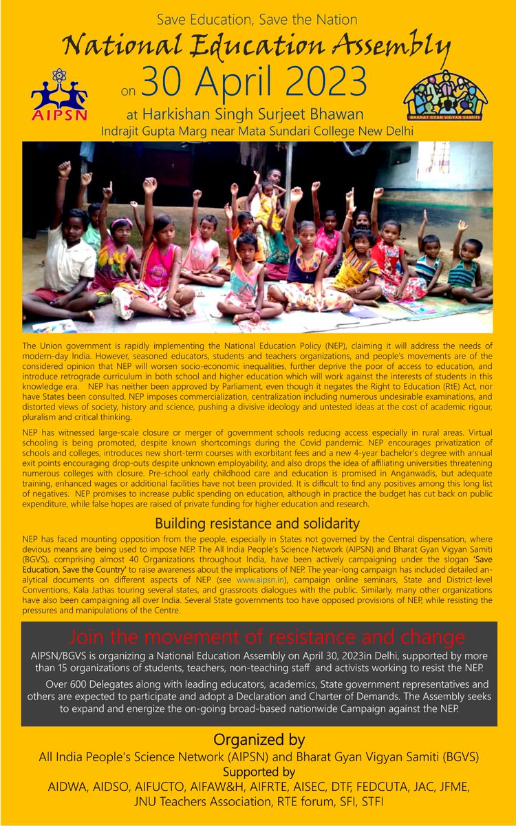 gsaipsn's tweet photo. Kalajatha in Delhi 28-29 April
#SaveEducationSaveTheNation
#NationalEducationAssembly
April30 at NewDelhi #AIPSN
#RollBackNEP https://t.co/DgPvjjfMvV