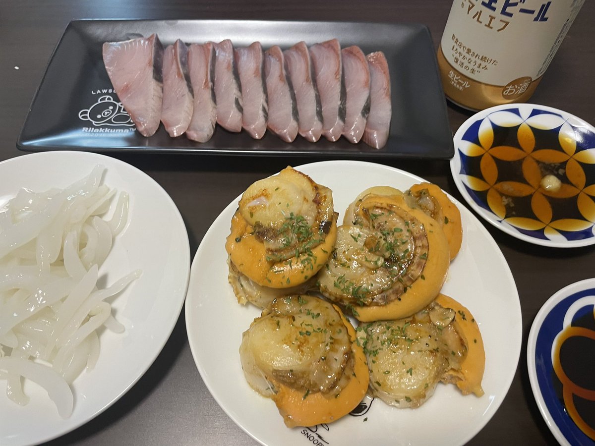 ハマチのお刺身！いかそうめん！ホタテのガーリックバター醤油🥳🤭🥰😘🫶✨