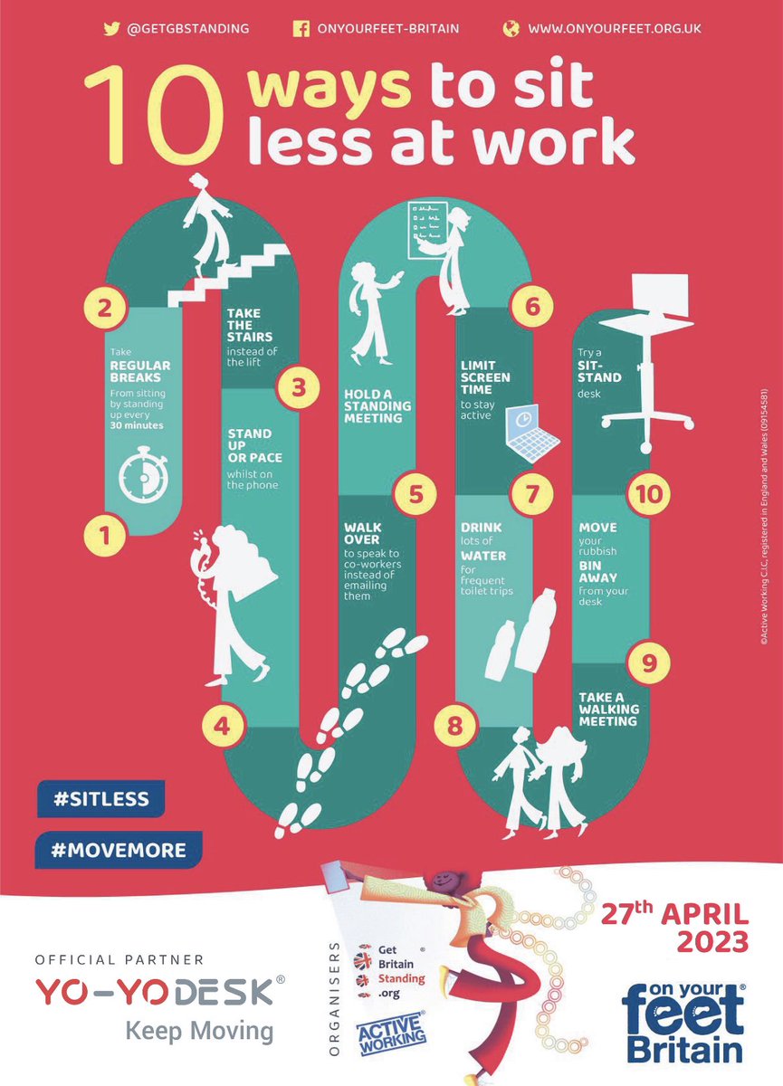 Do you work from home or sit down all day at a desk? It’s important to make sure you’re still moving throughout the day! Prolonged sitting increases your risk of back pain, type 2 diabetes, slow blood circulation and obesity. 

Follow <a href="/getGBstanding/">GET BRITAIN STANDING</a> 10 ways to sit less at work 👇