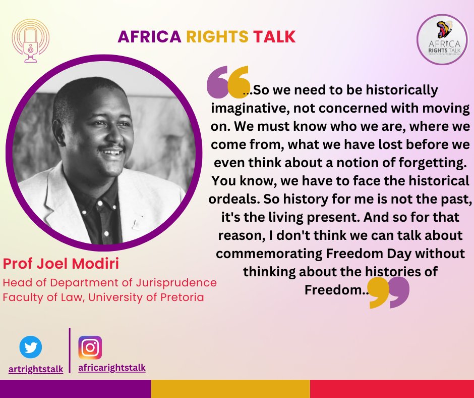Happy #FreedomDay South Africa. To commemorate this day, #AfricaRightsTalk speaks to Professor Joel Modiri @iLuvUJuju on his thoughts about #FreedomDay2023 and what it means to continue to fight for victory over oppression. 🎧: africarightstalk.podbean.com/e/s5-e9-2023-f… @UPTuks @UPLawFaculty