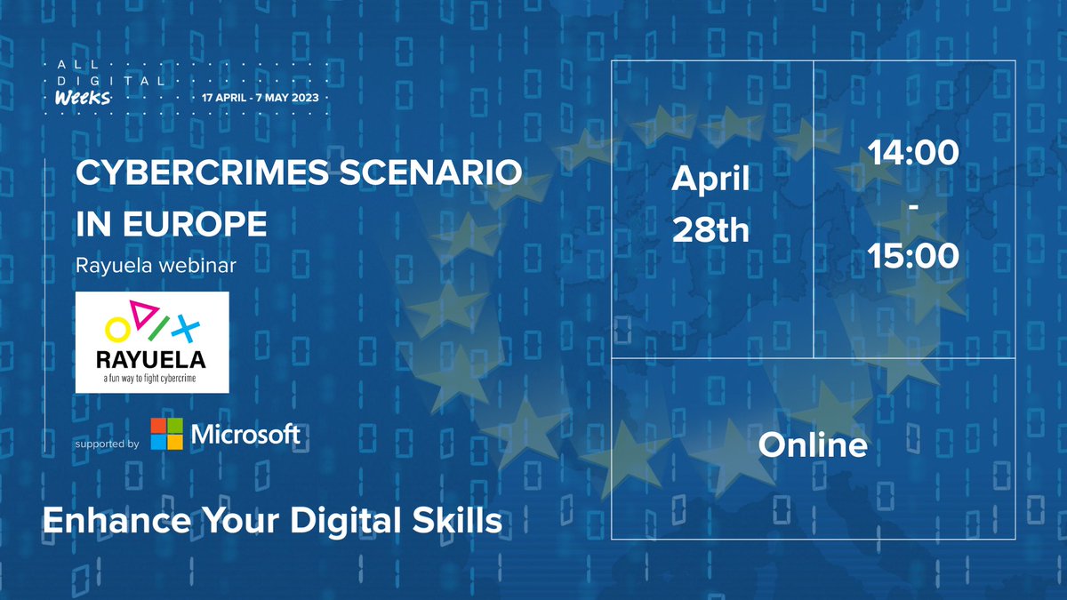 Webinar 'Cybercrimes scenario in Europe'

🗓 28th April
⏰ 14:00-15:00 CET
💻 Zoom

Organised by @AllDigitalEU in the framework of the #ALLDIGITALWeeks

Register here: lnkd.in/dk7pHPqw