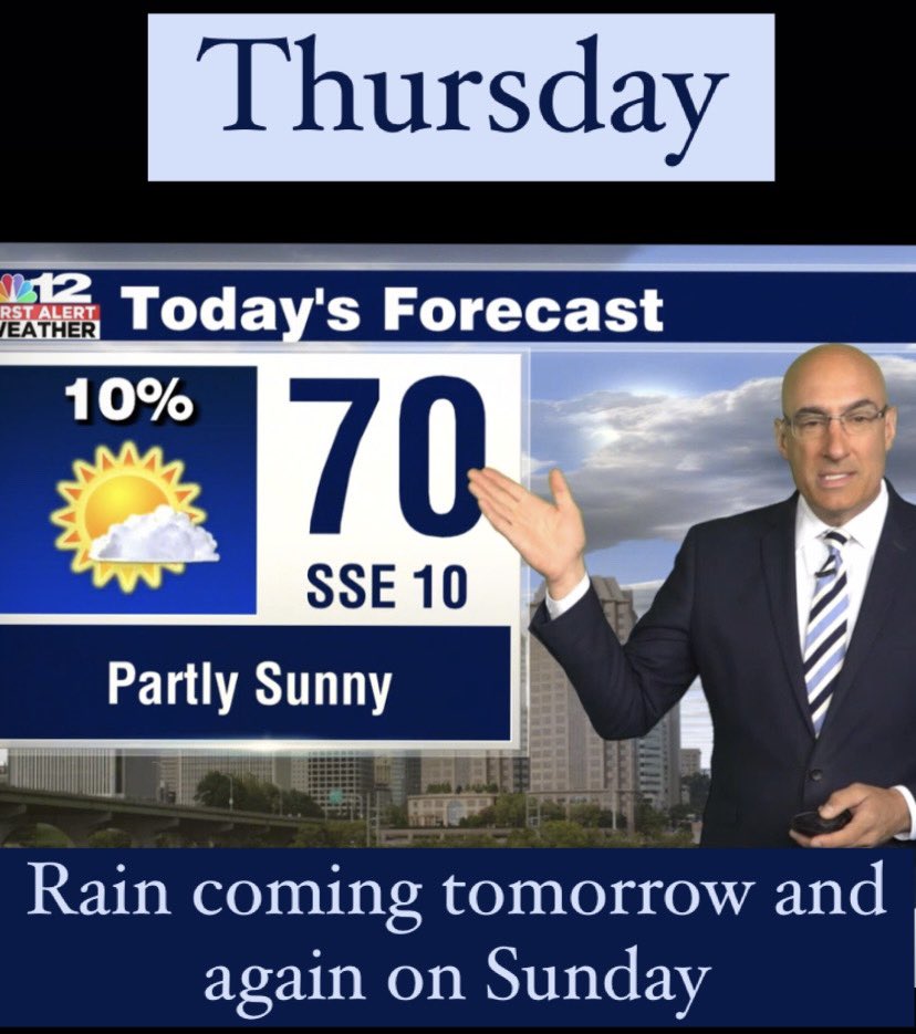 WeatherAF's tweet image. Good Thursday morning!

Dry today but rain is coming tomorrow!  (Most falls morning and midday)

Nbc12.com/weather