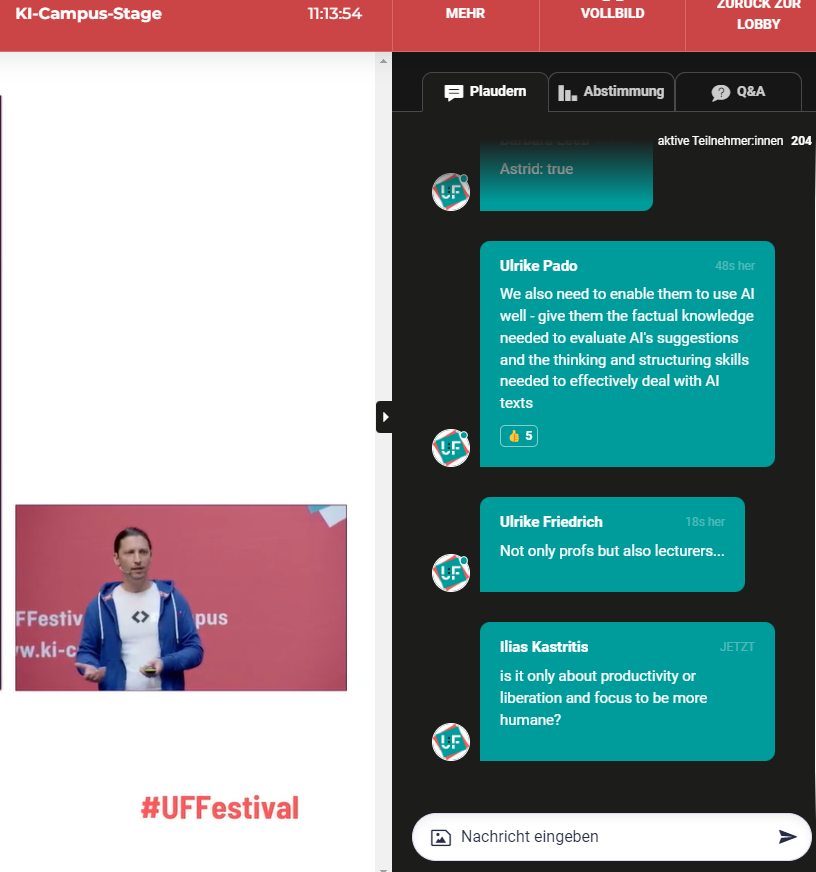 What I really love at #UFFestival is how hundreds of participants participate in sessions & discuss on the online platform💬 whilst others are joining regional events in different cities around Germany 🏫.

This is how the #NewNormal of #education conferences looks like.