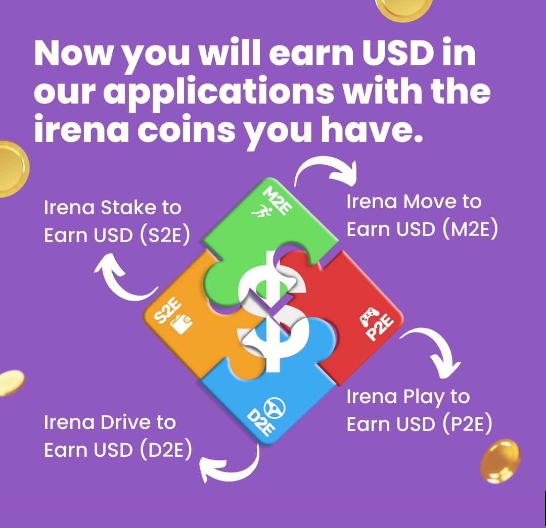 Say hello to the World of Irena Coin Apps.
What can you do with Irena Coins? 

You can earn Usd by staking Irena Coins on the Irena Finance platform (S2E) 💰

You can earn USD by acting with the IGE App (M2E)🏃‍♂️🏃‍♀️

You can earn USD by playing games with Irena play to earn (P2E) 🎮…