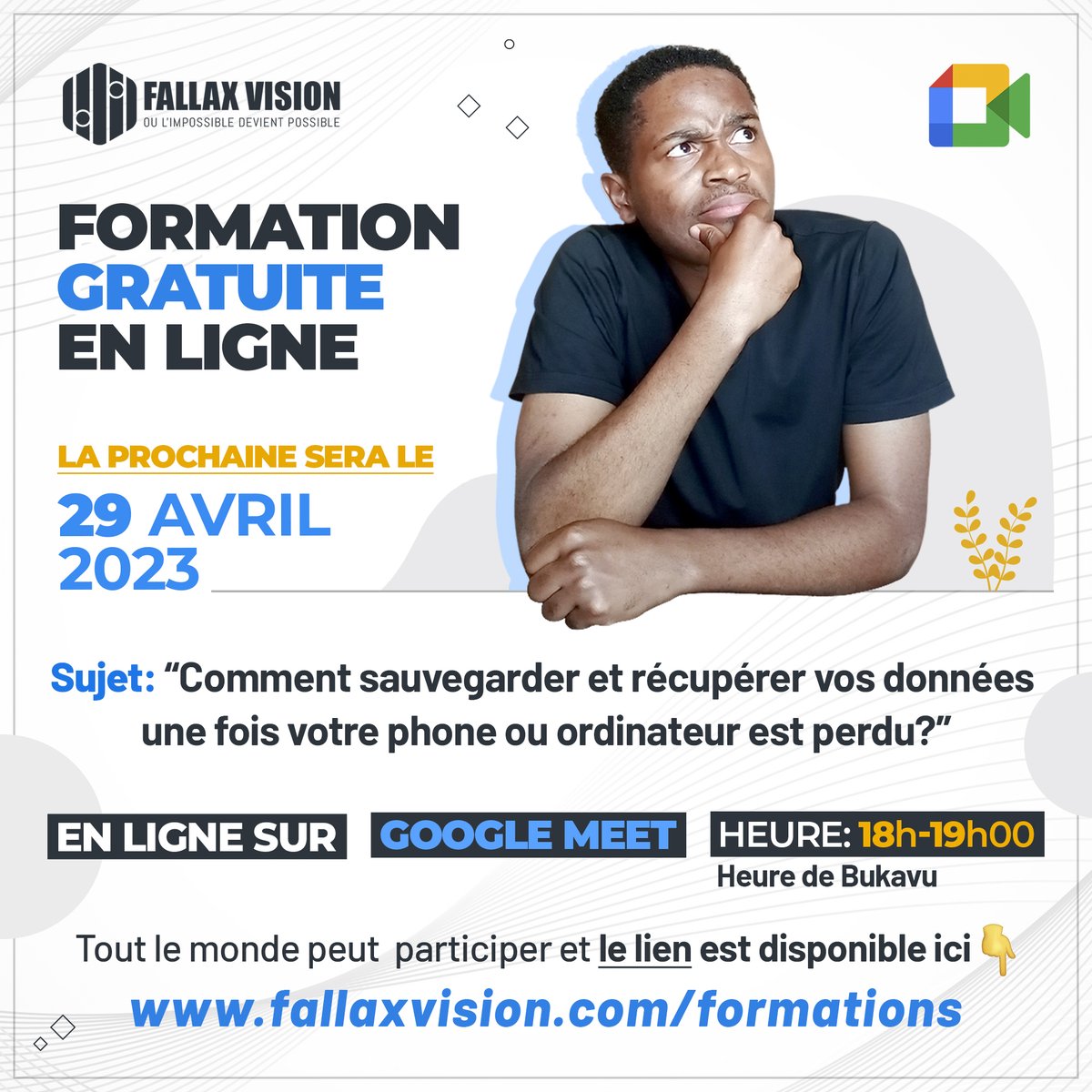 fallaxvision's tweet photo. Nous voici encore presque à la fin de ce mois. Et comme promis, 
@fallaxvision est de retour avec sa formation mensuelle. Nous serons là ce samedi 29 avril pour échanger sur comment sauvegarder vos données. Rendez-vous à ne pas manquer. 
 #entrepreneurship #rdcongo https://t.co/Ryy5hdkFZm