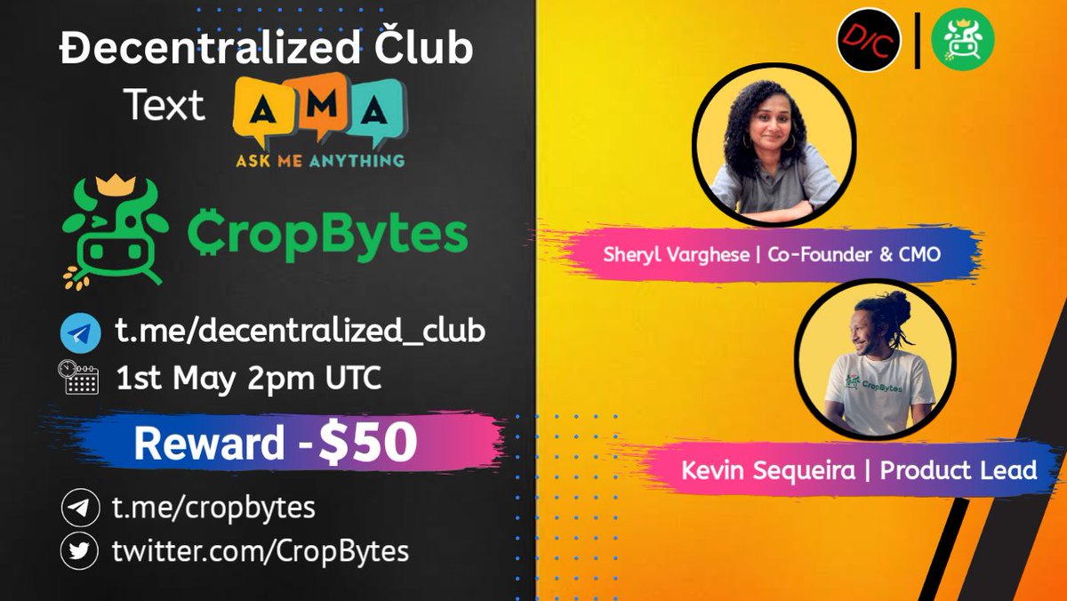dens_club's tweet photo. DC Presenting a Text #AMA🎉

📌 Venue : https://t.co/UTG7EBNuUo
⏰ When : 1 May 2pm UTC 
🤑 Bonus Voucher : $50

10 winners will get $5 each
Twitter (5) & Telegram (5)

1⃣ Follow @CropBytes & @dens_club
2⃣ Like , RT & Tag 3 Friends 
3⃣ Post your questions.

🚸 Must Join CropBytes & DC Telegram & Twitter before the AMA otherwise you wont be chosen as WINNER.

https://t.co/rKOEkmvFRL
https://t.co/W33pcml35p
https://t.co/ME6WlEt3TP

Best of luck 🤞!

#Giveaway #Airdrop #AMAs #Crypto #Giveaways #NFTs