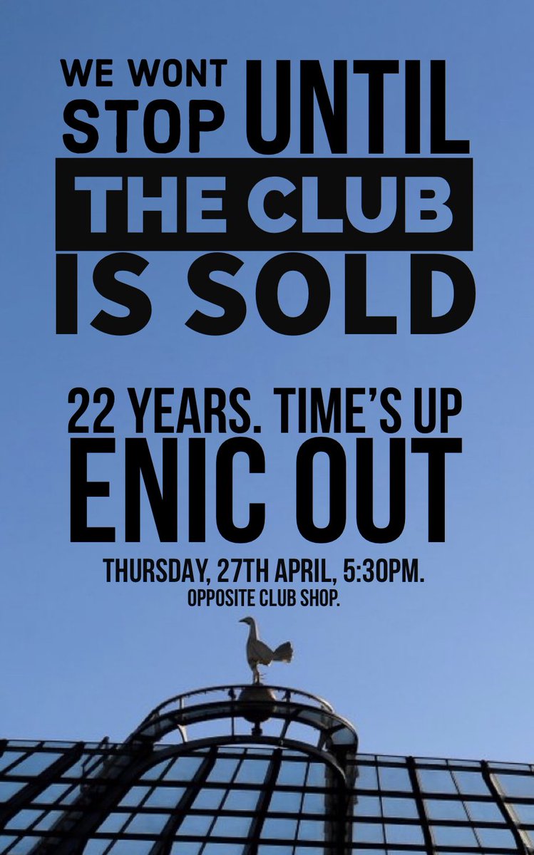 bridagul's tweet photo. Not long now,

Lets do this @SpursOfficial fans who want change. Today is the day!!

Please retweet for maximum exposure 

#LevyOut #ENICOut 
#PurpleNGoldUntilTottenhamAreSold🟪🟨🟪🟨🟪🟨 https://t.co/dkIujbgFIF