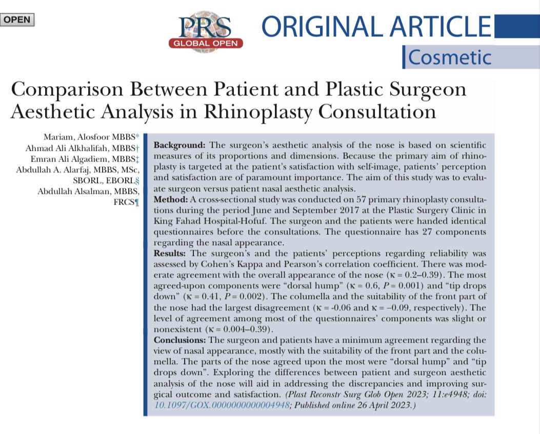 AhmedAlkhalifah's tweet photo. 📝 New Publication

Happy to present our new publication led by, the one and only, Dr Emran Algadaim، in @PRSGlobalOpen 

Comparison Between Patient and Plastic Surgeon Aesthetic... : Plastic and Reconstructive Surgery – Global Open https://t.co/CvPn2rcYk0 https://t.co/KFckLBLMTQ